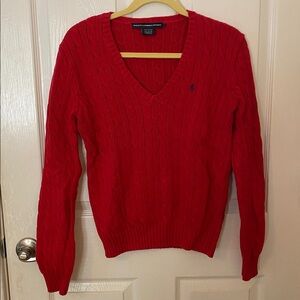 Vintage Ralph Lauren Sport Red V-neck Cable Knit Sweater Large